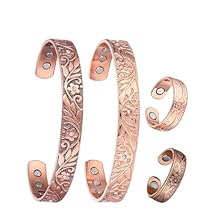 BioMag Copper Bracelet & Ring for Women, 99.99% Pure Copper Magnetic Bracelet Lymphatic Drainage Rings with 3500 Gauss Magnets, Adjustable & Flower Pattern