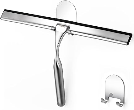 HOME SO Shower Squeegee for Glass Doors Stainless Steel Squeegee with Adhesive Hooks - Window, Floor & Car Squeegee, Multi-Purpose Bathroom, Mirror & Tile Cleaner - Bathroom Essentials - Chrome 12"