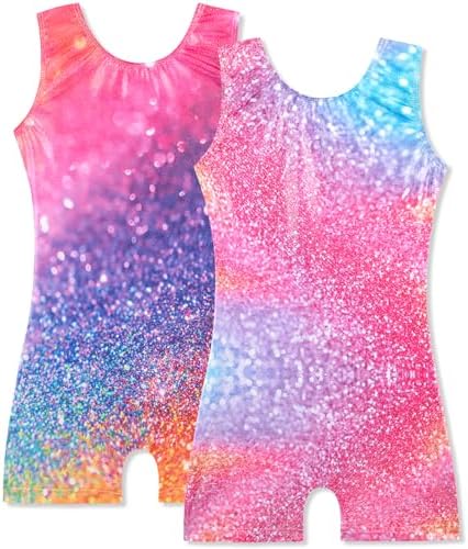 HOZIY 2 Pack Girls Gymnastics Leotards for Kids Toddlers Dance Outfits with Shorts Biketards Tumbling Clothes Sparkly