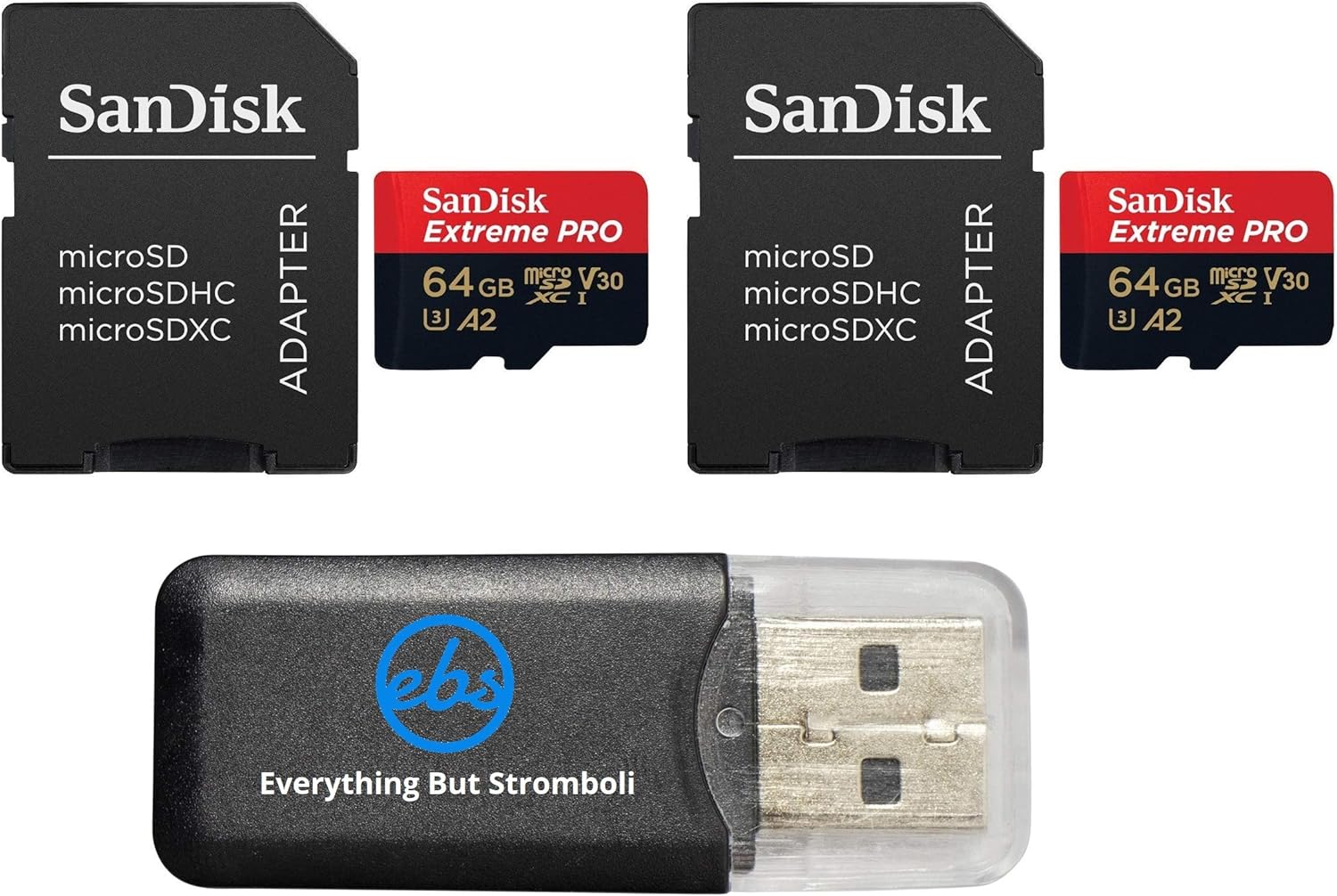 SanDisk 64GB Micro SDXC Extreme Pro Memory Card 2 Pack Works with GoPro Hero 8 Black, Max 360 Action Cam U3 V30 4K Class 10 SDSQXCY-064G-GN6MA Bundle with 1 Everything But Stromboli Card Reader