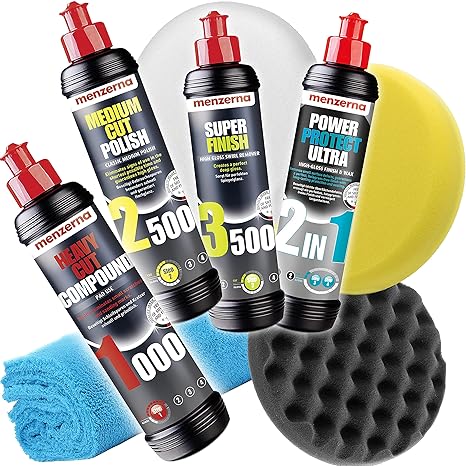 Detailmate Menzerna Car Polish Set 250 ml: Car Polish Super Heavy Cut 1000 + Medium Cut 2500 + Super Finish 3500 + 2 in 1 Power Protect Ultra Finish & Wax + 3 x Menzerna Pad + Microfibre Polishing Cloth